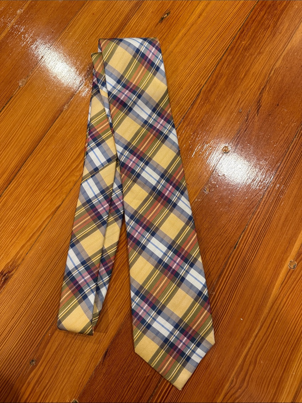 Chaps Yellow Plaid Tie with Blue and Burgundy Accents